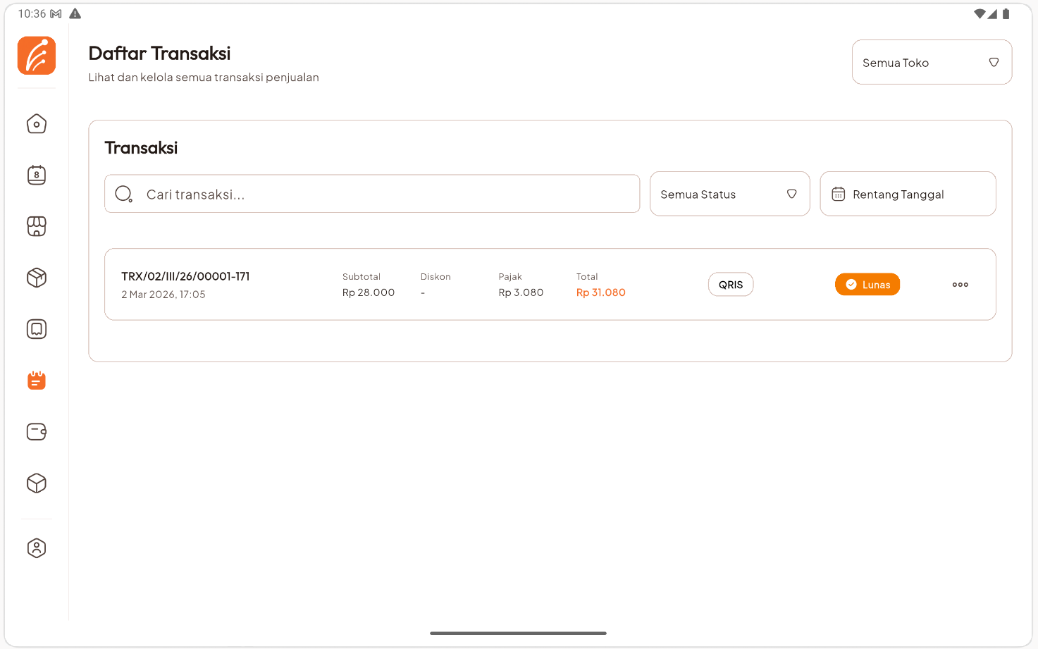 Tampilan daftar transaksi